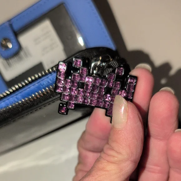 Kate Spade Black Glitter Space Invaders Wallet with Purple Zipper Pull